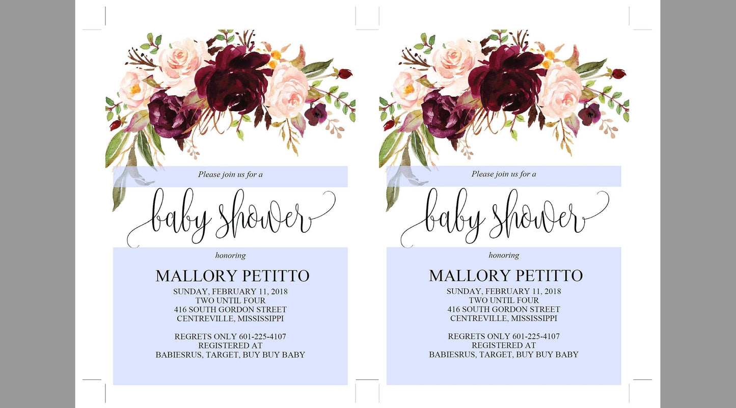 Printable Baby Shower Invitation Template, Baby Shower invite, Burgundy, Floral, Invitation, Baby Shower Invites - MPU78 - SAVVY PAPER CO