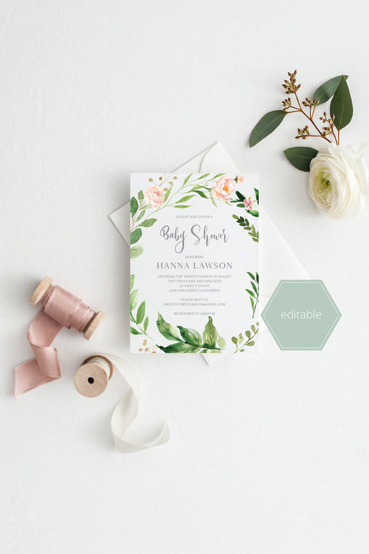 Printable Baby Shower Invitation Template, Floral, Greenery, Baby Shower invite, Gender Neutral, Invitation, Baby Shower Invites,Invite #WB2 - SAVVY PAPER CO