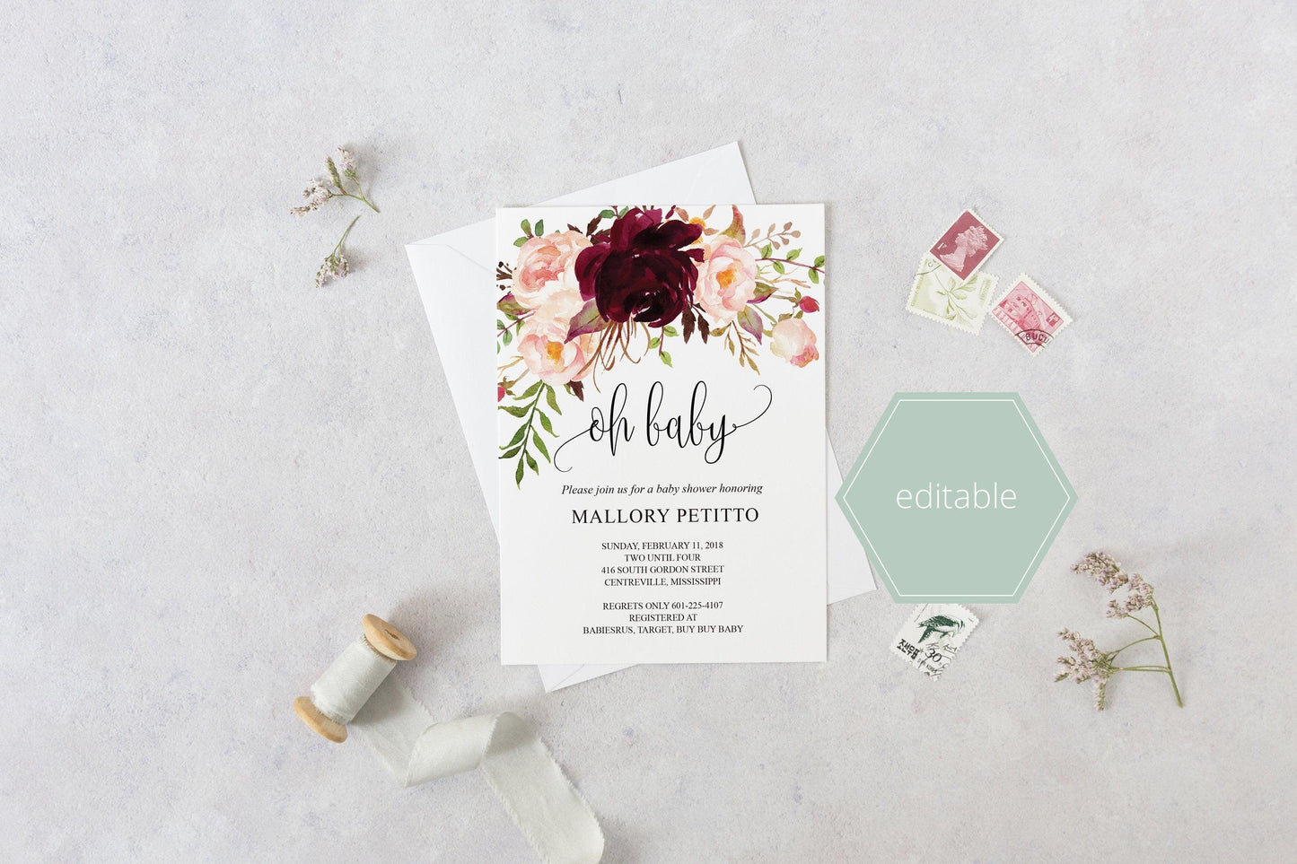 Printable Baby Shower Invitation Template, Oh Baby, Baby Shower invite, Invitation, Baby Shower Invites,Invite, Burgundy - MPU78 - SAVVY PAPER CO