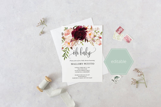 Printable Baby Shower Invitation Template, Oh Baby, Baby Shower invite, Invitation, Baby Shower Invites,Invite, Burgundy - MPU78 - SAVVY PAPER CO