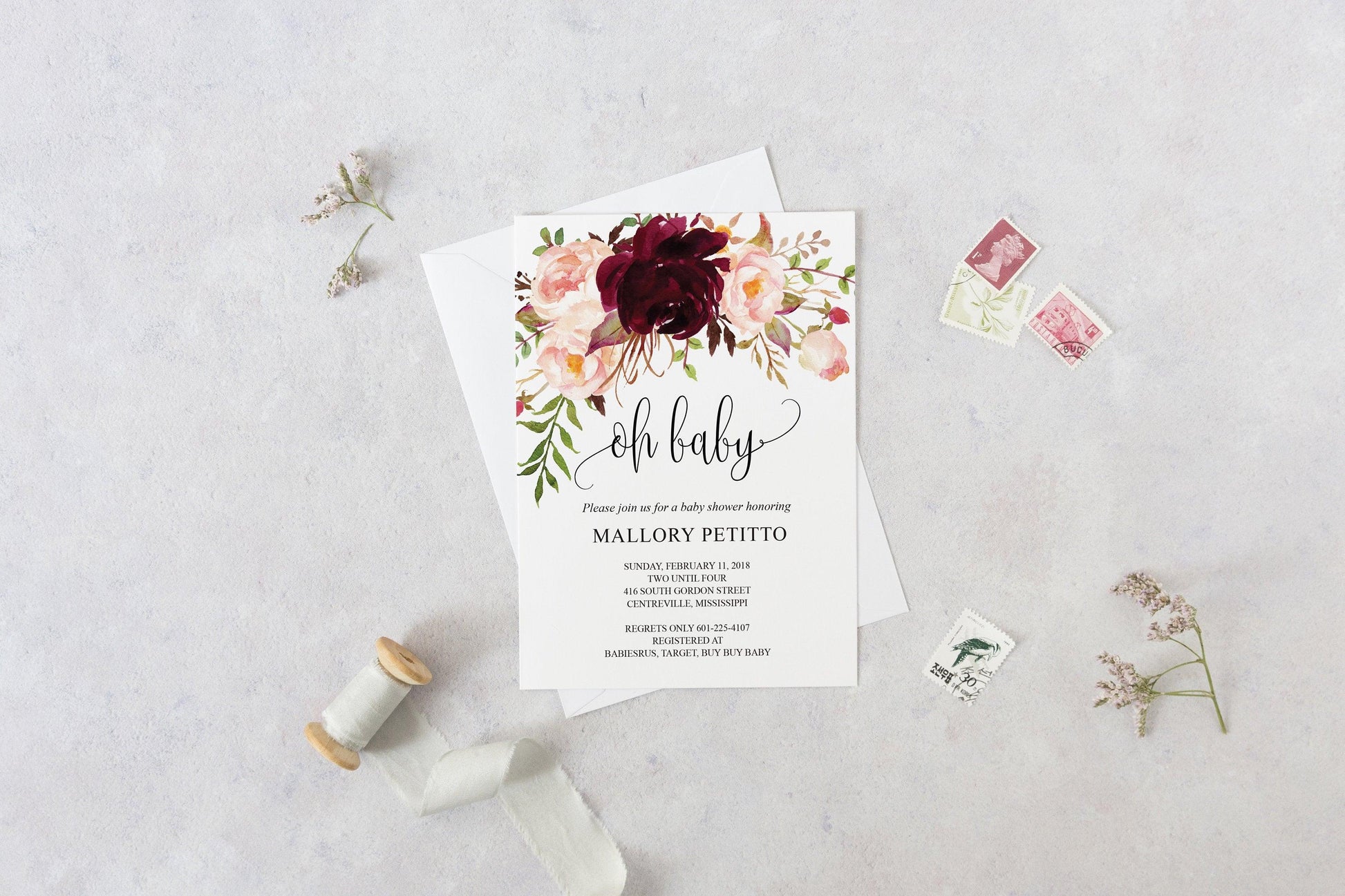 Printable Baby Shower Invitation Template, Oh Baby, Baby Shower invite, Invitation, Baby Shower Invites,Invite, Burgundy - MPU78 - SAVVY PAPER CO