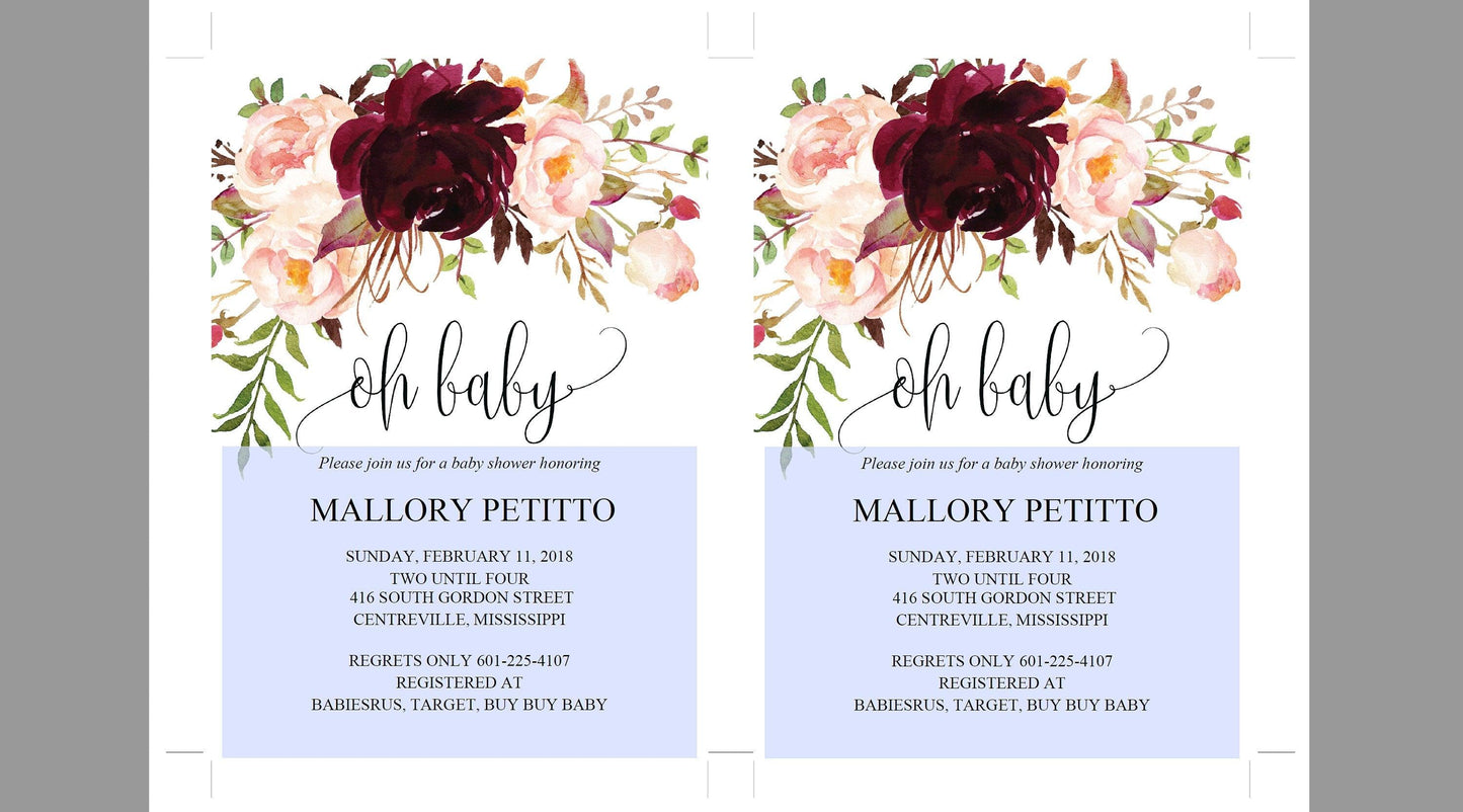 Printable Baby Shower Invitation Template, Oh Baby, Baby Shower invite, Invitation, Baby Shower Invites,Invite, Burgundy - MPU78 - SAVVY PAPER CO