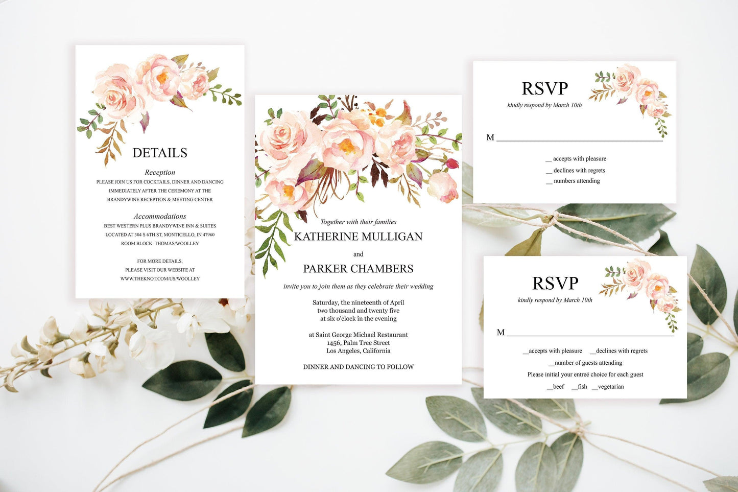 Printable Blush Floral Wedding Invitation Set Editable Template, DIY Instant Download Invites, Invitation Suite- Katherine - SAVVY PAPER CO