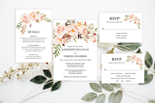 Printable Blush Floral Wedding Invitation Set Editable Template, DIY Instant Download Invites, Invitation Suite- Katherine - SAVVY PAPER CO