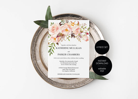 Printable Blush Floral Wedding Invitation Set Editable Template, DIY Instant Download Invites, Invitation Suite- Katherine - SAVVY PAPER CO