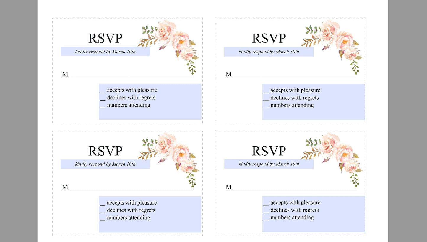 Printable Blush Floral Wedding Invitation Set Editable Template, DIY Instant Download Invites, Invitation Suite- Katherine - SAVVY PAPER CO