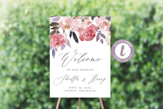 Printable Blush Floral Wedding Welcome Sign Editable Template Instant Download - Sheilla - SAVVY PAPER CO