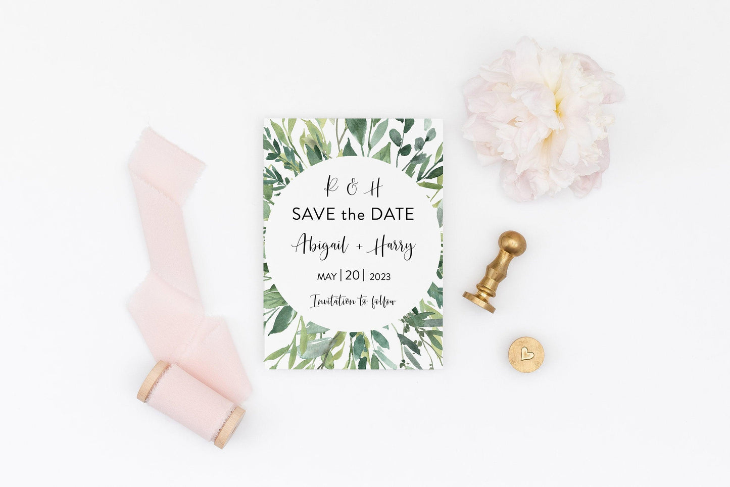 Printable Blush Wedding Save-the-Date Template with photo Engagement Invite 100% editable Greenery - Jasmine - SAVVY PAPER CO