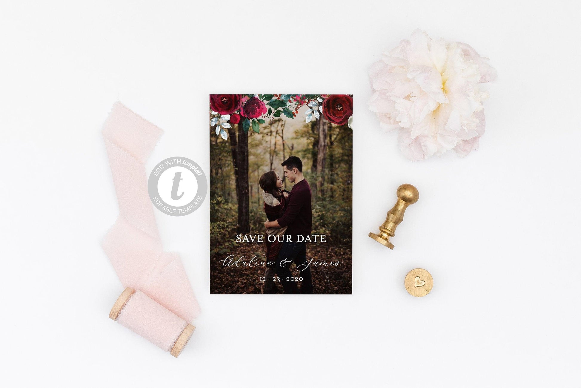 Printable Burgundy Christmas Wedding Save-the-Date Template with photo Engagement Invite 100% editable - ADA - SAVVY PAPER CO