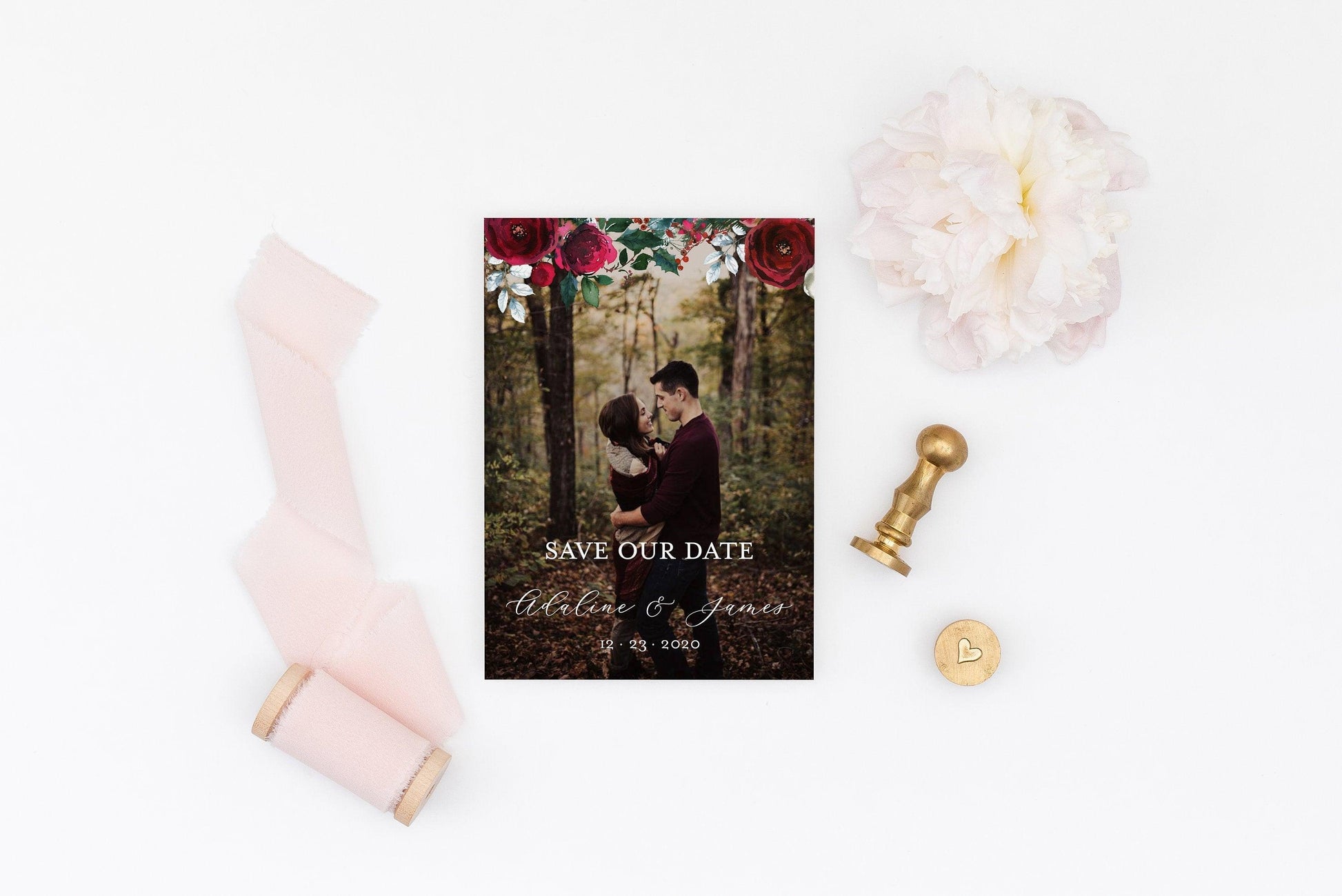 Printable Burgundy Christmas Wedding Save-the-Date Template with photo Engagement Invite 100% editable - ADA - SAVVY PAPER CO