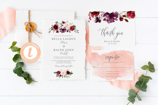 Printable Burgundy Floral Wedding Invitation Set Editable Template, DIY Instant Download Invites, Invitation Suite, 100% Editable-Bella - SAVVY PAPER CO