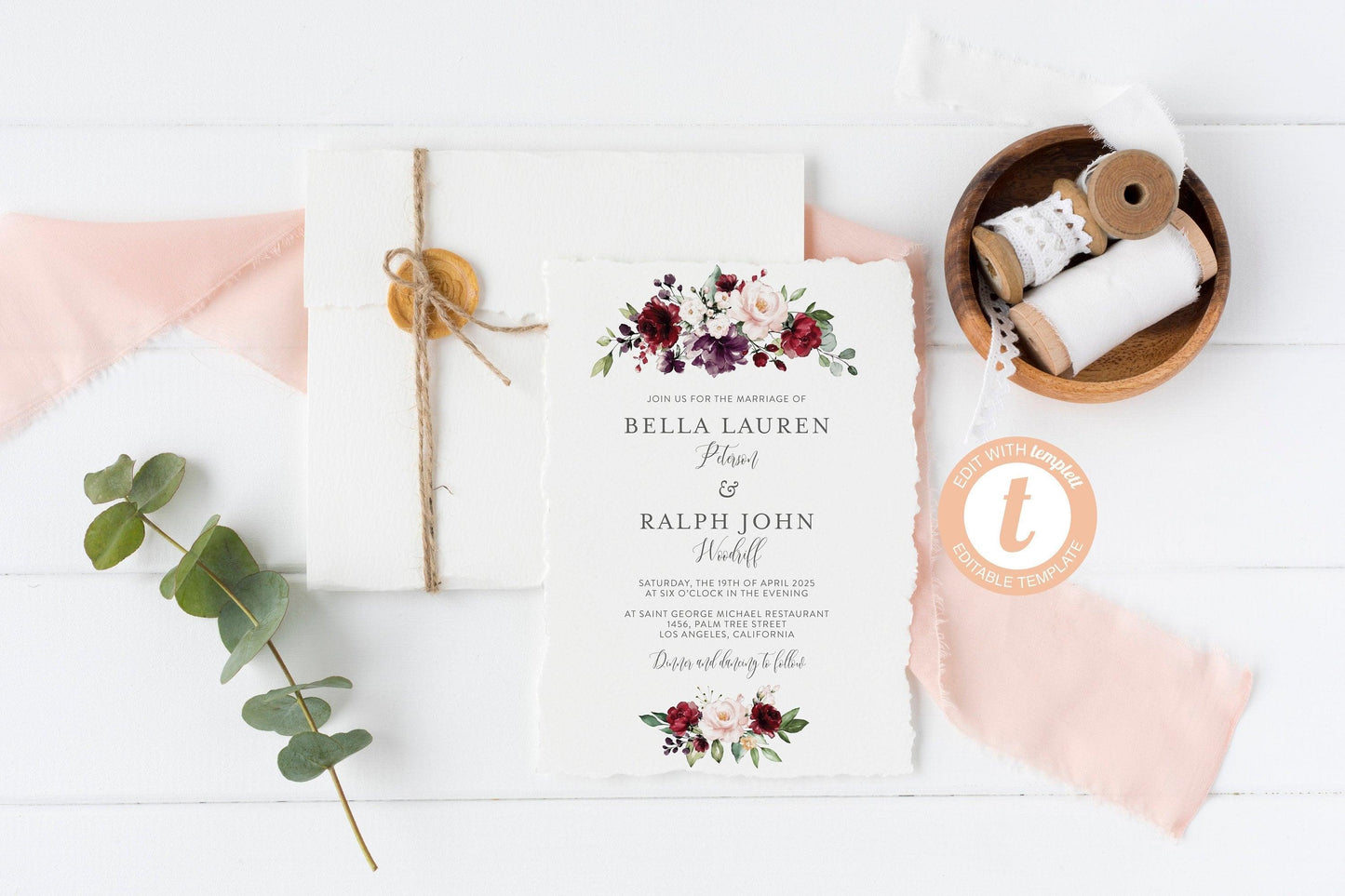 Printable Burgundy Floral Wedding Invitation Set Editable Template, DIY Instant Download Invites, Invitation Suite, 100% Editable-Bella - SAVVY PAPER CO