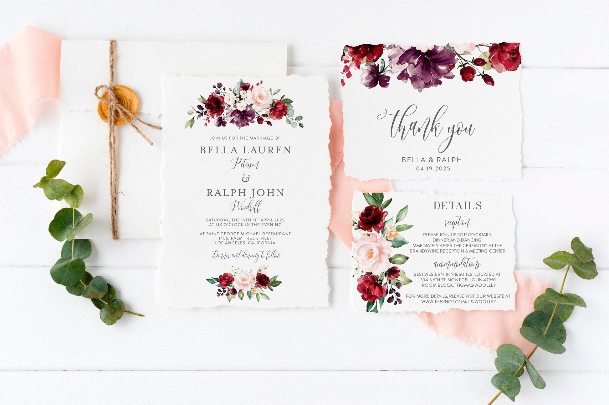 Printable Burgundy Floral Wedding Invitation Set Editable Template, DIY Instant Download Invites, Invitation Suite, 100% Editable-Bella - SAVVY PAPER CO