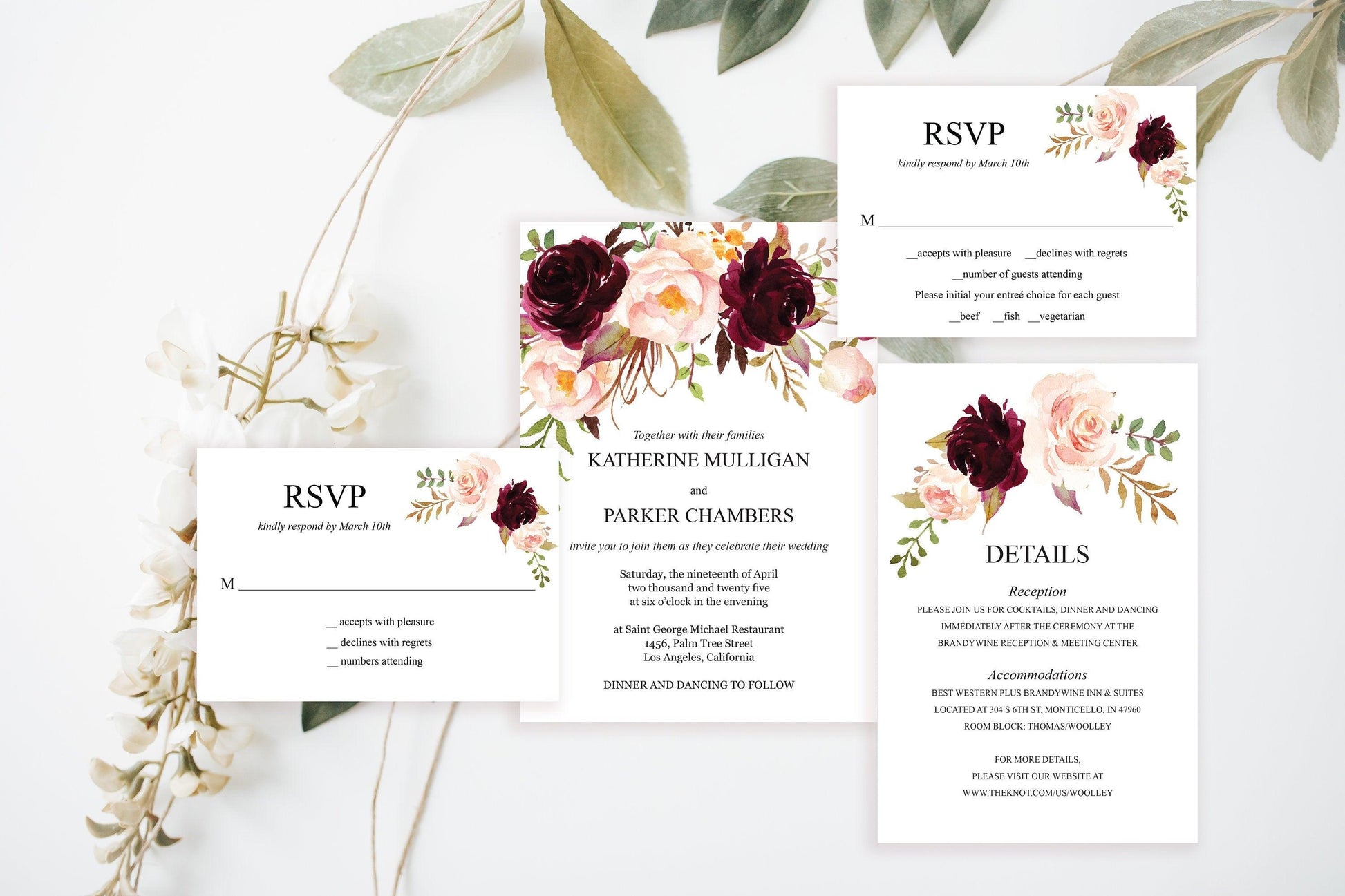 Printable Burgundy Floral Wedding Invitation Set Editable Template, DIY Instant Download Invites, Invitation Suite - Katherine - SAVVY PAPER CO
