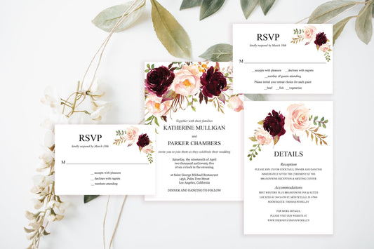 Printable Burgundy Floral Wedding Invitation Set Editable Template, DIY Instant Download Invites, Invitation Suite - Katherine - SAVVY PAPER CO