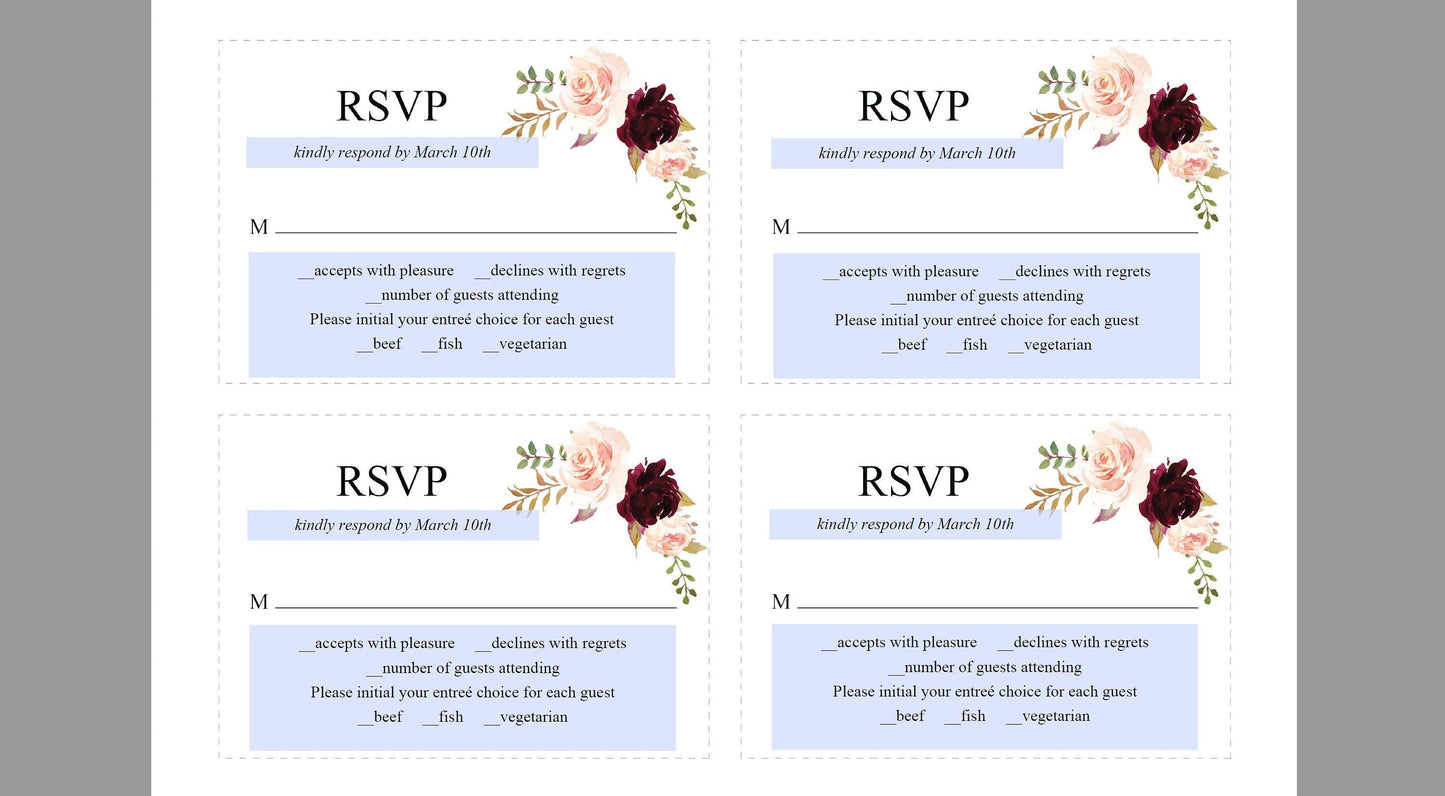 Printable Burgundy Floral Wedding Invitation Set Editable Template, DIY Instant Download Invites, Invitation Suite - Katherine - SAVVY PAPER CO