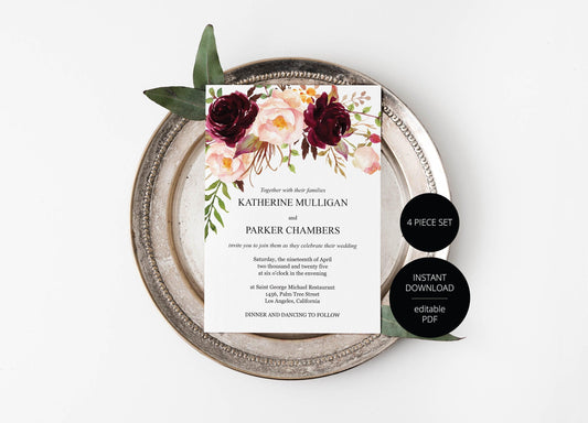 Printable Burgundy Floral Wedding Invitation Set Editable Template, DIY Instant Download Invites, Invitation Suite - Katherine - SAVVY PAPER CO