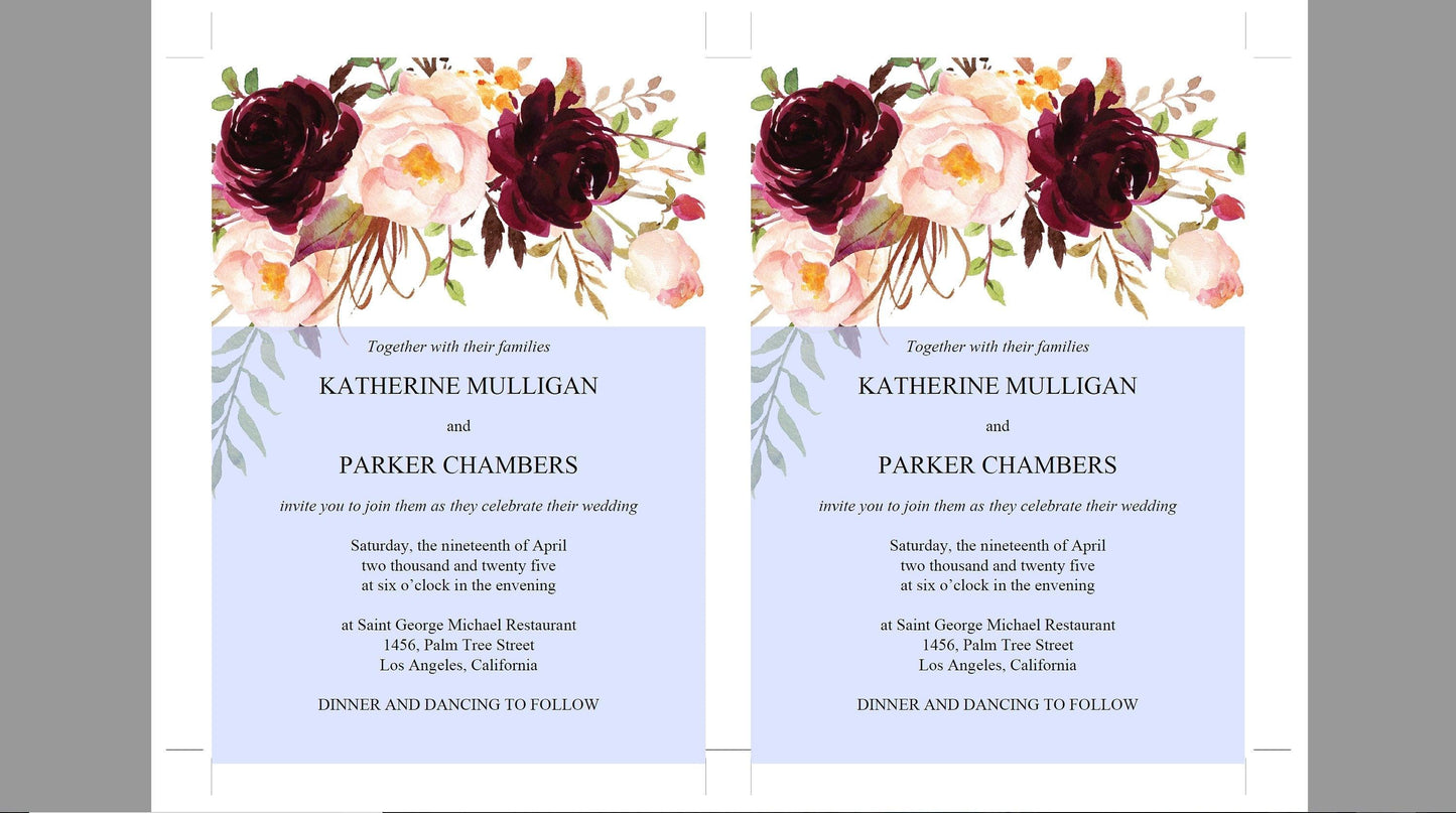 Printable Burgundy Floral Wedding Invitation Set Editable Template, DIY Instant Download Invites, Invitation Suite - Katherine - SAVVY PAPER CO