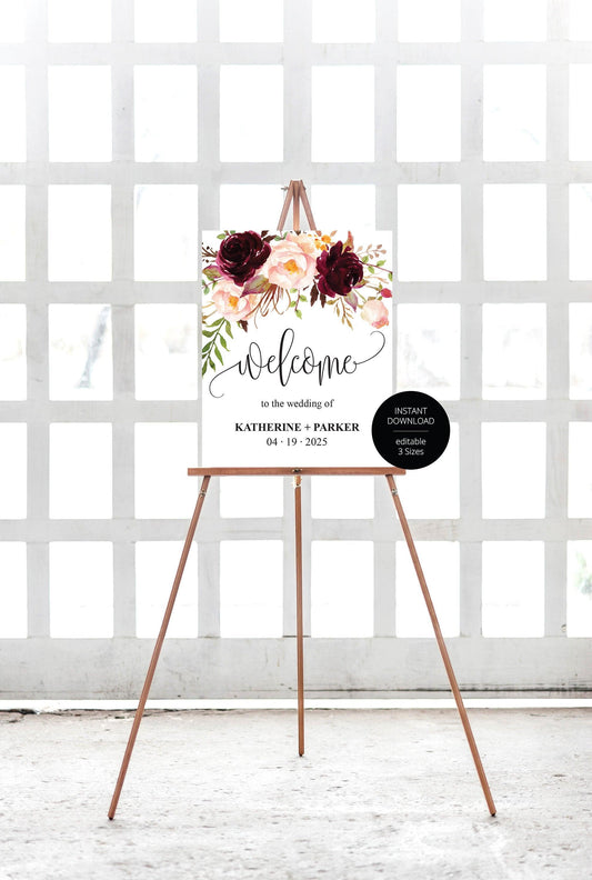 Printable Burgundy Floral Wedding Welcome Sign Editable Template Instant Download -KATHERINE - SAVVY PAPER CO