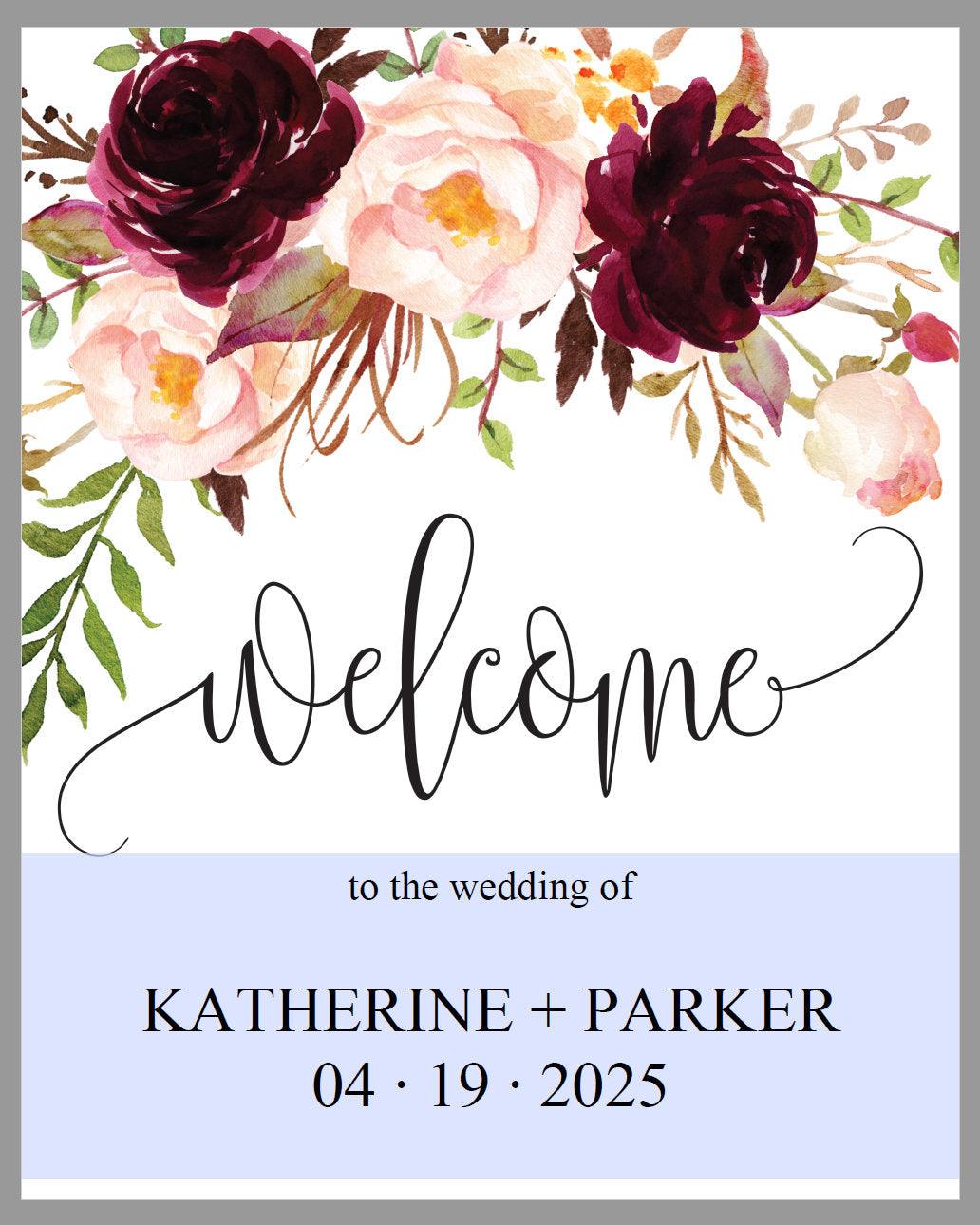 Printable Burgundy Floral Wedding Welcome Sign Editable Template Instant Download -KATHERINE - SAVVY PAPER CO