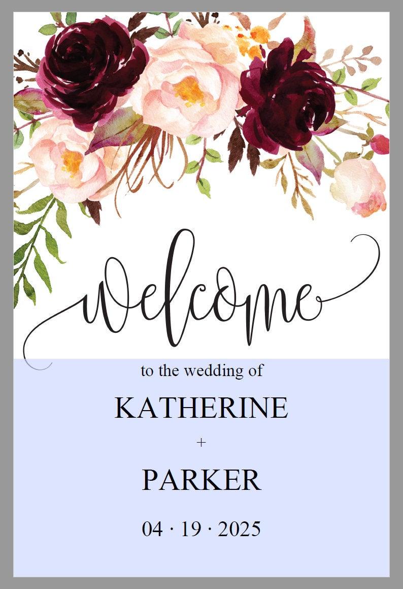 Printable Burgundy Floral Wedding Welcome Sign Editable Template Instant Download -KATHERINE - SAVVY PAPER CO