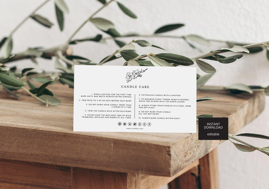 Printable Candle Instructions, Candle Care Card, Editable Care Card Template, Modern Candle Care, Printable Product Instructions - SAVVY PAPER CO