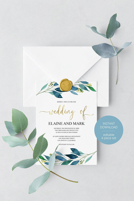 Printable Dusty Blue Wedding Invitation Set Editable Template, DIY Instant Download Invites, Invitation Suite- Elaine - SAVVY PAPER CO