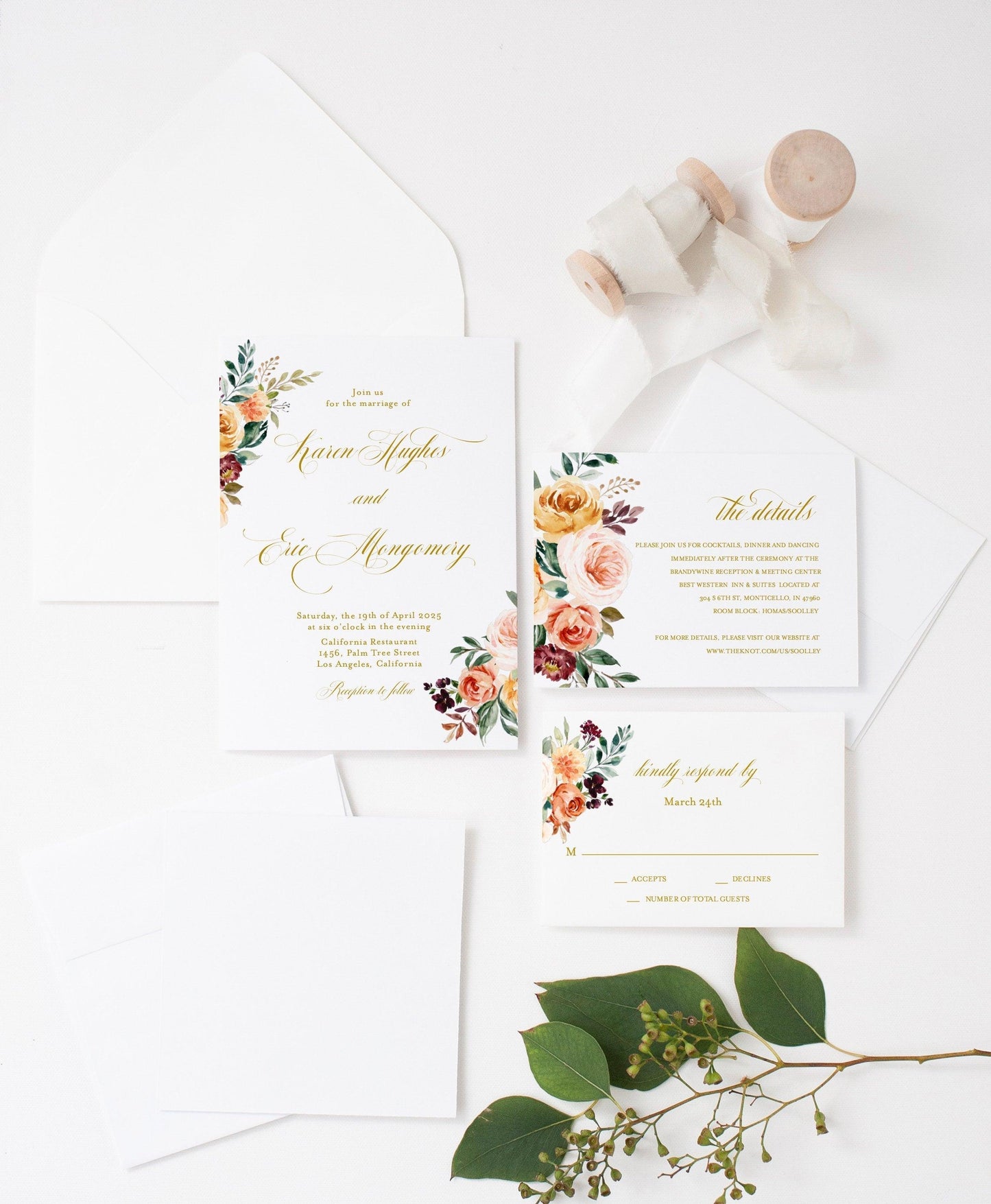 Printable Fall Wedding Invitation Set Golden Floral Wedding Suite Editable Template Instant Download Invites editable - Karen - SAVVY PAPER CO