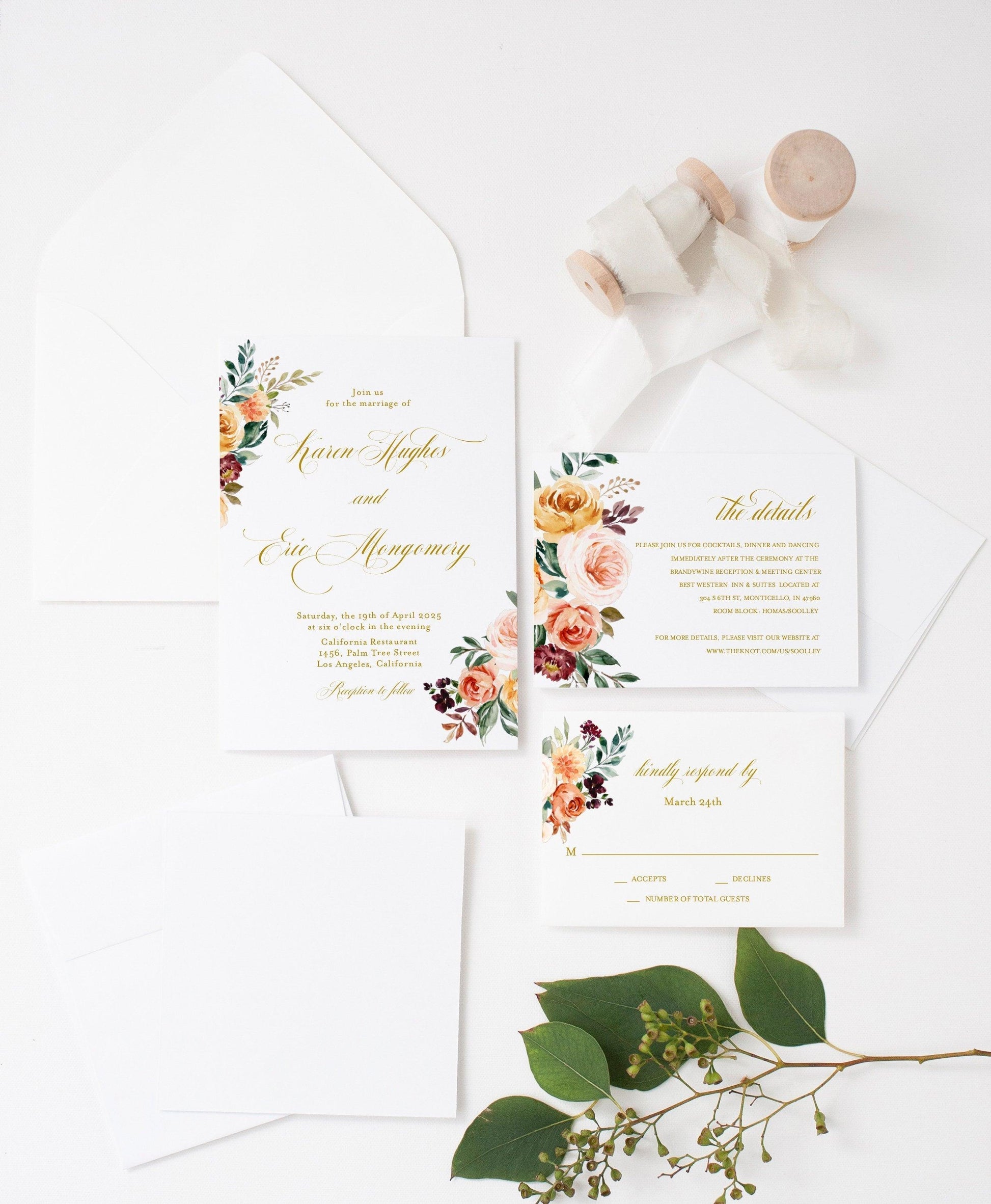Printable Fall Wedding Invitation Set Golden Floral Wedding Suite Editable Template Instant Download Invites editable - Karen - SAVVY PAPER CO