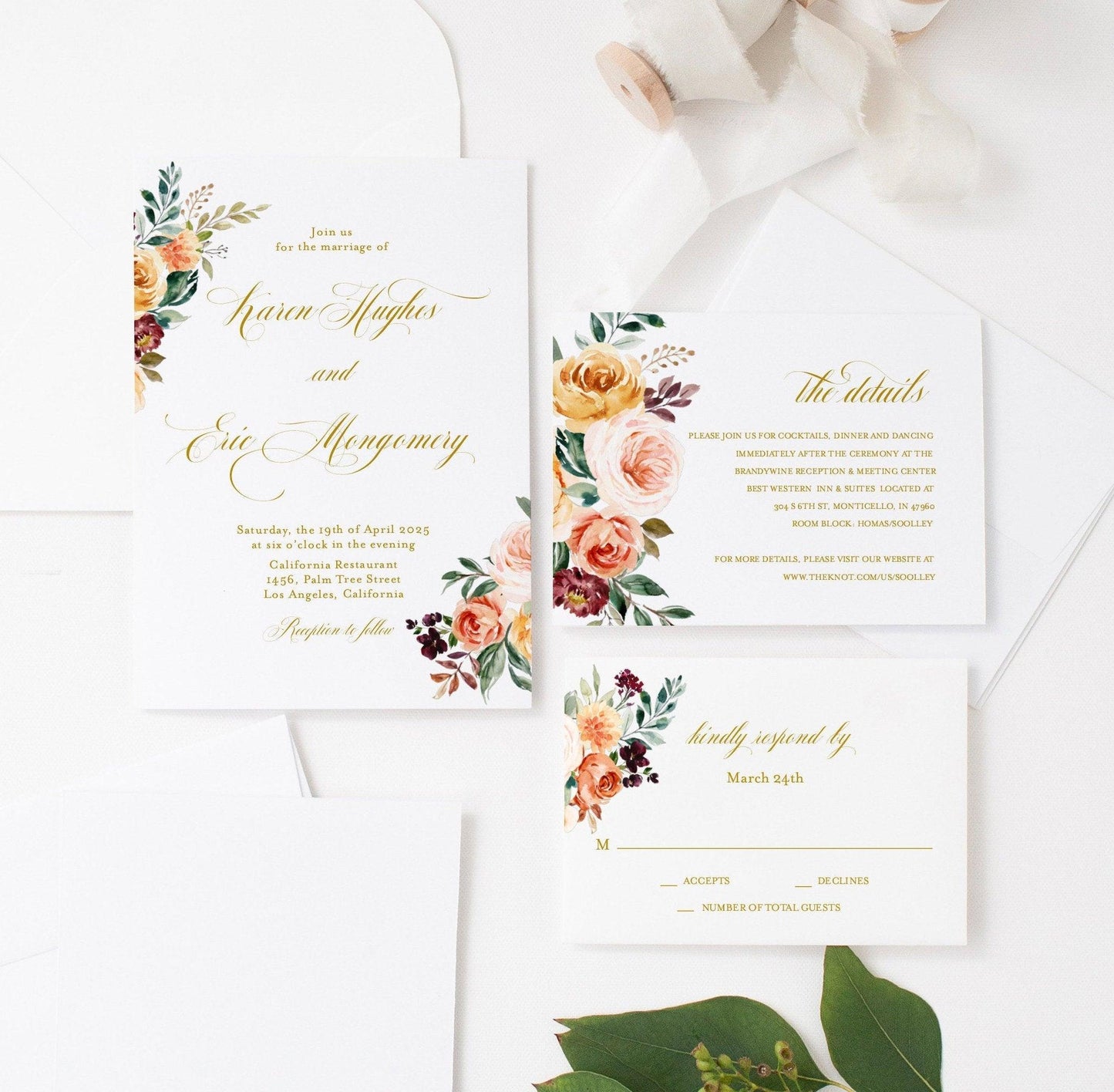 Printable Fall Wedding Invitation Set Golden Floral Wedding Suite Editable Template Instant Download Invites editable - Karen - SAVVY PAPER CO