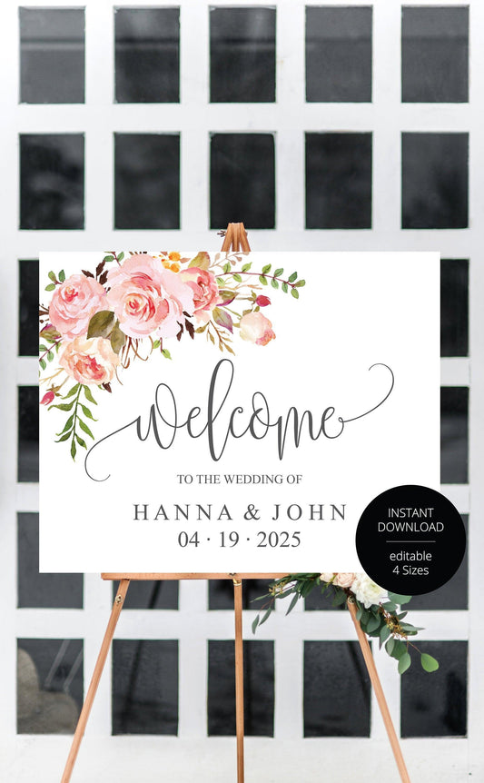 Printable Floral Blush Wedding Welcome Sign Editable Template Instant Download -HANNA - SAVVY PAPER CO