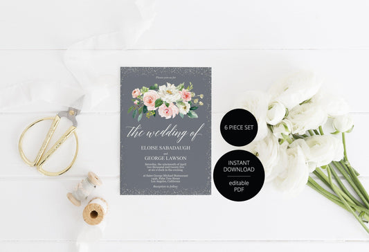 Printable Floral Gray Wedding Invitation Set Editable Template, DIY Instant Download Invites, Invitation Suite - Eloise - SAVVY PAPER CO