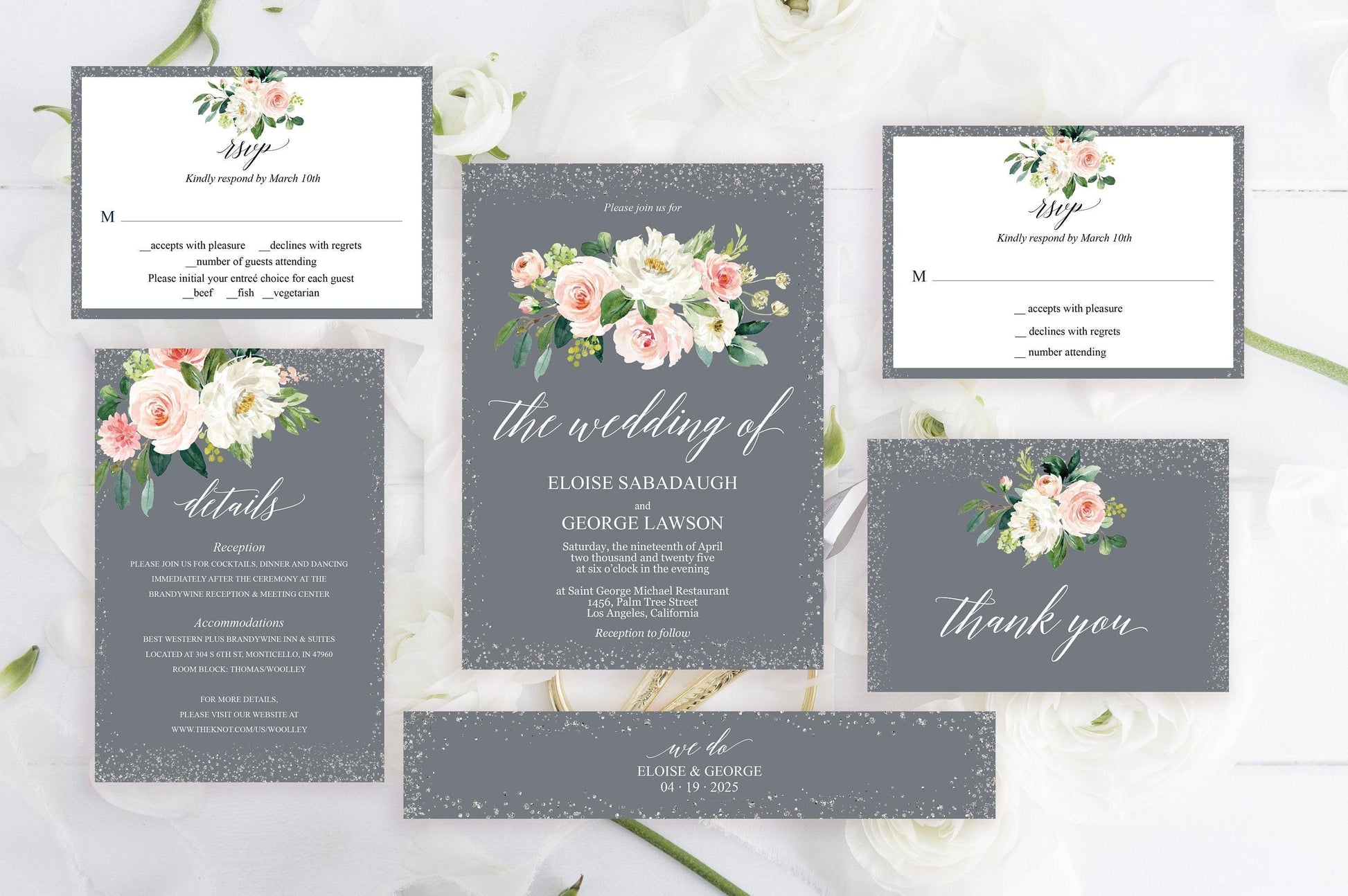Printable Floral Gray Wedding Invitation Set Editable Template, DIY Instant Download Invites, Invitation Suite - Eloise - SAVVY PAPER CO