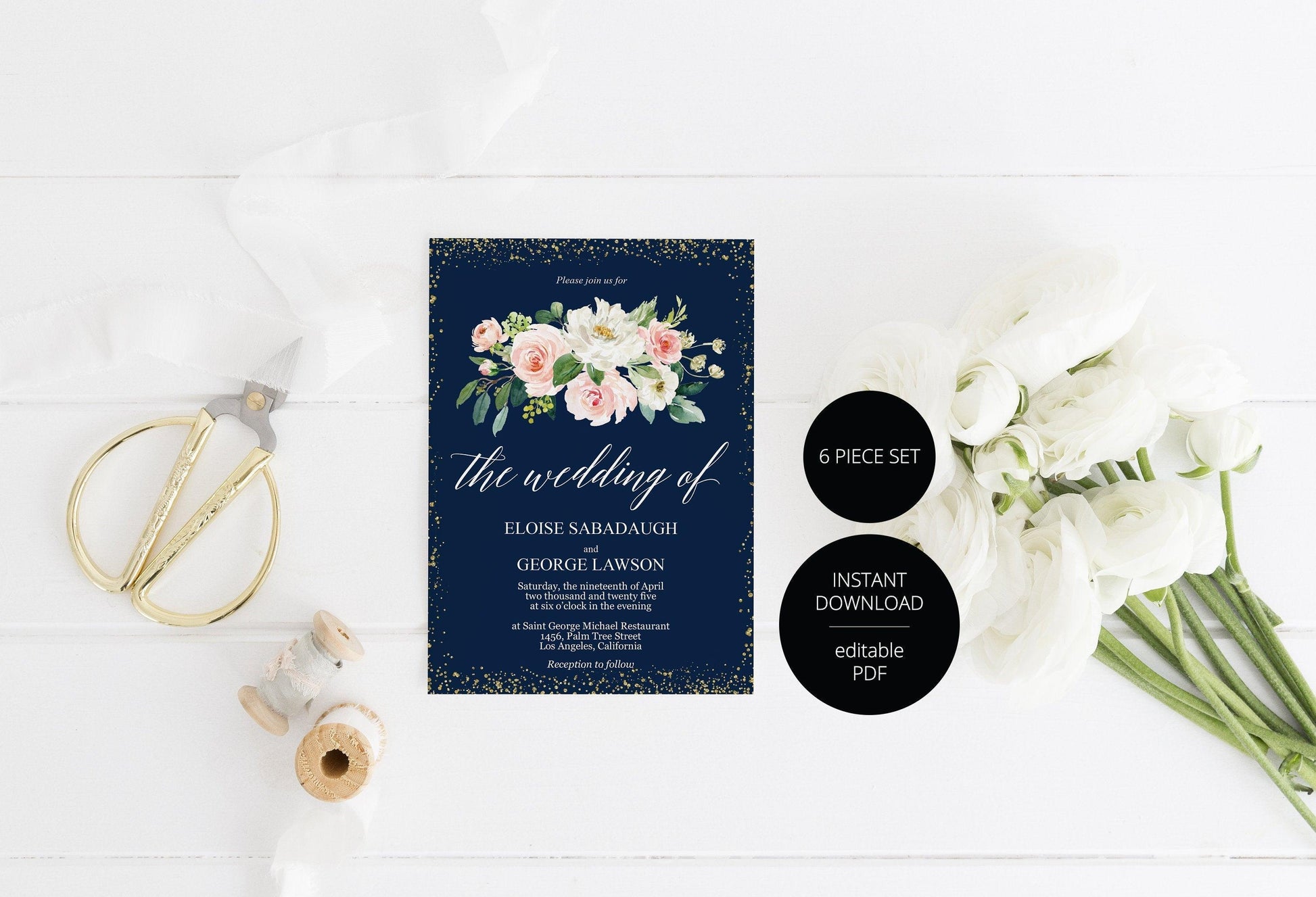 Printable Floral Navy Blue Wedding Invitation Set Editable Template, DIY Instant Download Invites, Invitation Suite PDF - Eloise - SAVVY PAPER CO