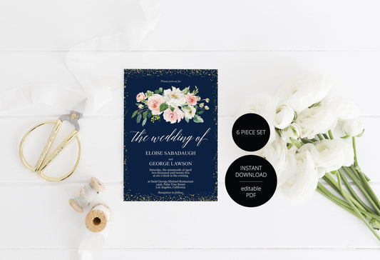Printable Floral Navy Blue Wedding Invitation Set Editable Template, DIY Instant Download Invites, Invitation Suite PDF - Eloise - SAVVY PAPER CO