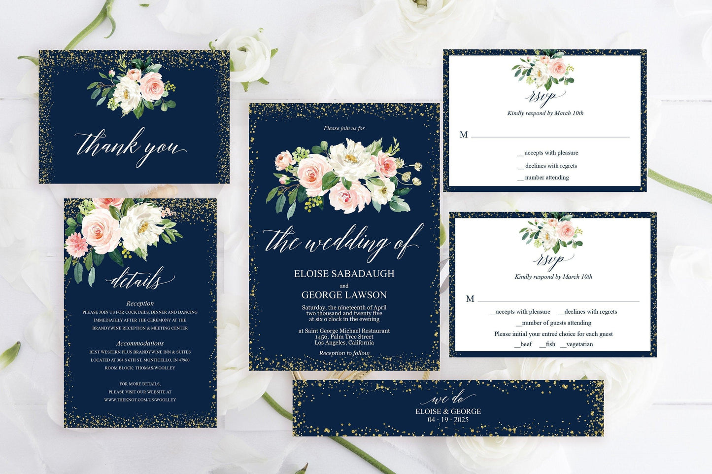 Printable Floral Navy Blue Wedding Invitation Set Editable Template, DIY Instant Download Invites, Invitation Suite PDF - Eloise - SAVVY PAPER CO
