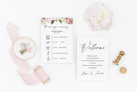 Printable Floral Wedding Itinerary Template Card Timeline Welcome 100% editable Templett Floral - Harper - SAVVY PAPER CO