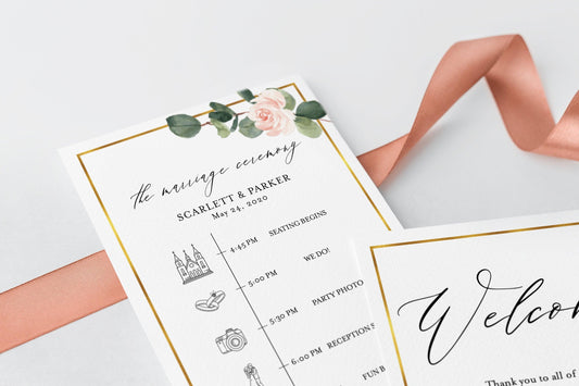 Printable Floral Wedding Itinerary Template Card Timeline Welcome 100% editable Templett Greenery - Scarlett - SAVVY PAPER CO
