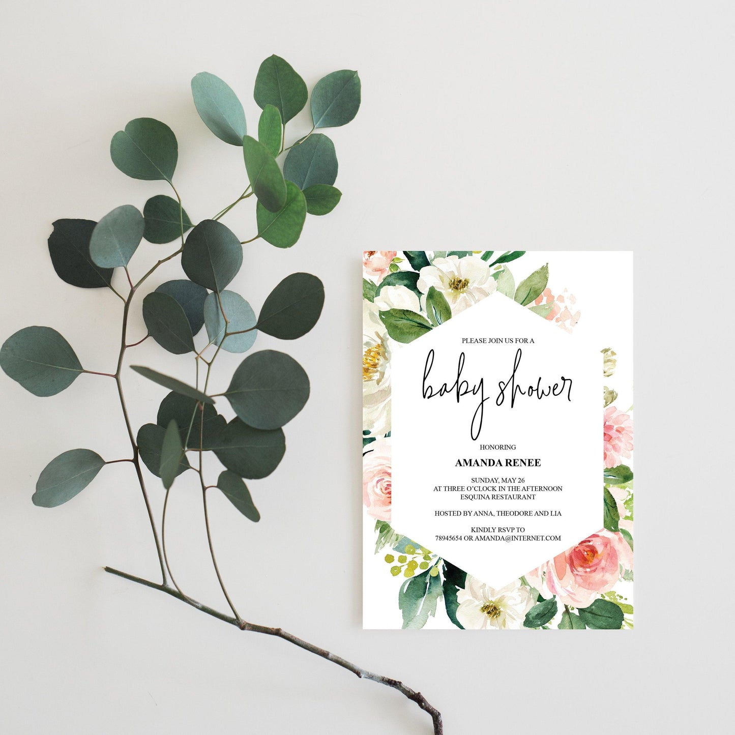 Printable Geometric Baby Shower Invitation Template,Floral, Greenery, Baby Shower invite, Invitation, Blush Baby Shower Invites - EV23 - SAVVY PAPER CO