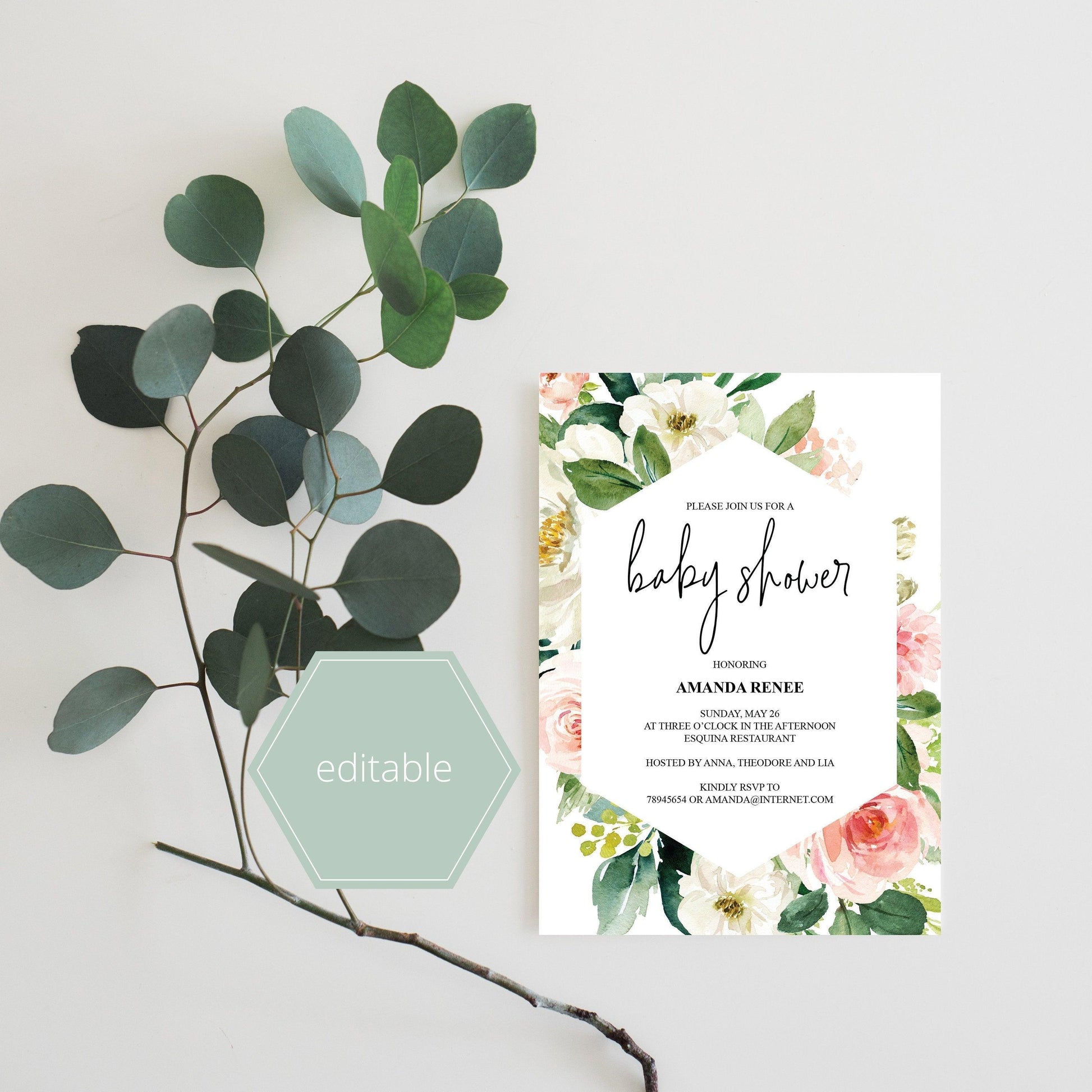 Printable Geometric Baby Shower Invitation Template,Floral, Greenery, Baby Shower invite, Invitation, Blush Baby Shower Invites - EV23 - SAVVY PAPER CO