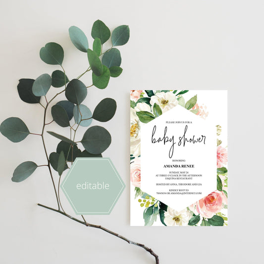 Printable Geometric Baby Shower Invitation Template,Floral, Greenery, Baby Shower invite, Invitation, Blush Baby Shower Invites - EV23 - SAVVY PAPER CO