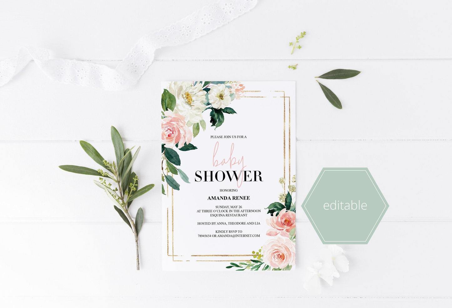 Printable Geometric Baby Shower Invitation Template,Floral, Greenery, Baby Shower invite, Invitation, Blush Baby Shower Invites, Gold - EV23 - SAVVY PAPER CO