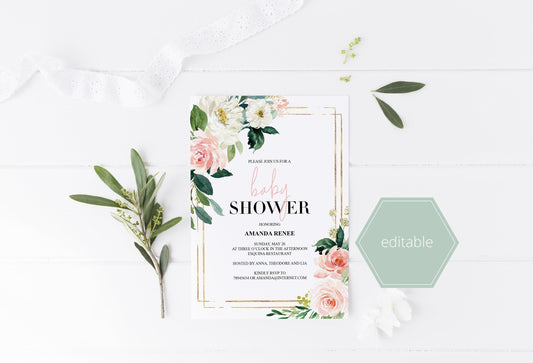 Printable Geometric Baby Shower Invitation Template,Floral, Greenery, Baby Shower invite, Invitation, Blush Baby Shower Invites, Gold - EV23 - SAVVY PAPER CO