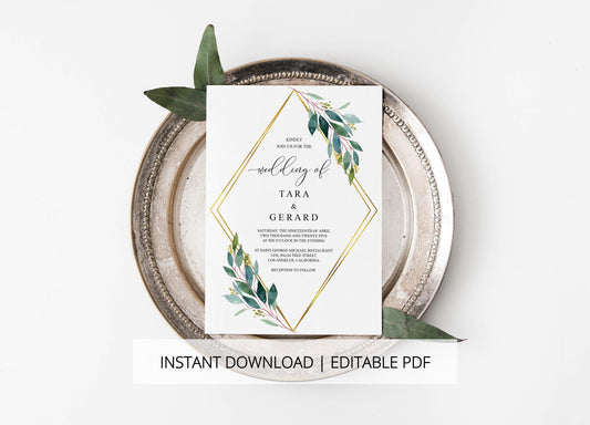Printable Geometric Wedding Invitation Set Editable Template, DIY Instant Download Invites, Invitation Suite PDF Greenery- TARA - SAVVY PAPER CO