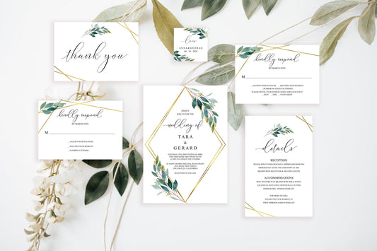 Printable Geometric Wedding Invitation Set Template, DIY Instant Download, Editable Invitation Suite, PDF Greenery Wedding invite - TARA - SAVVY PAPER CO