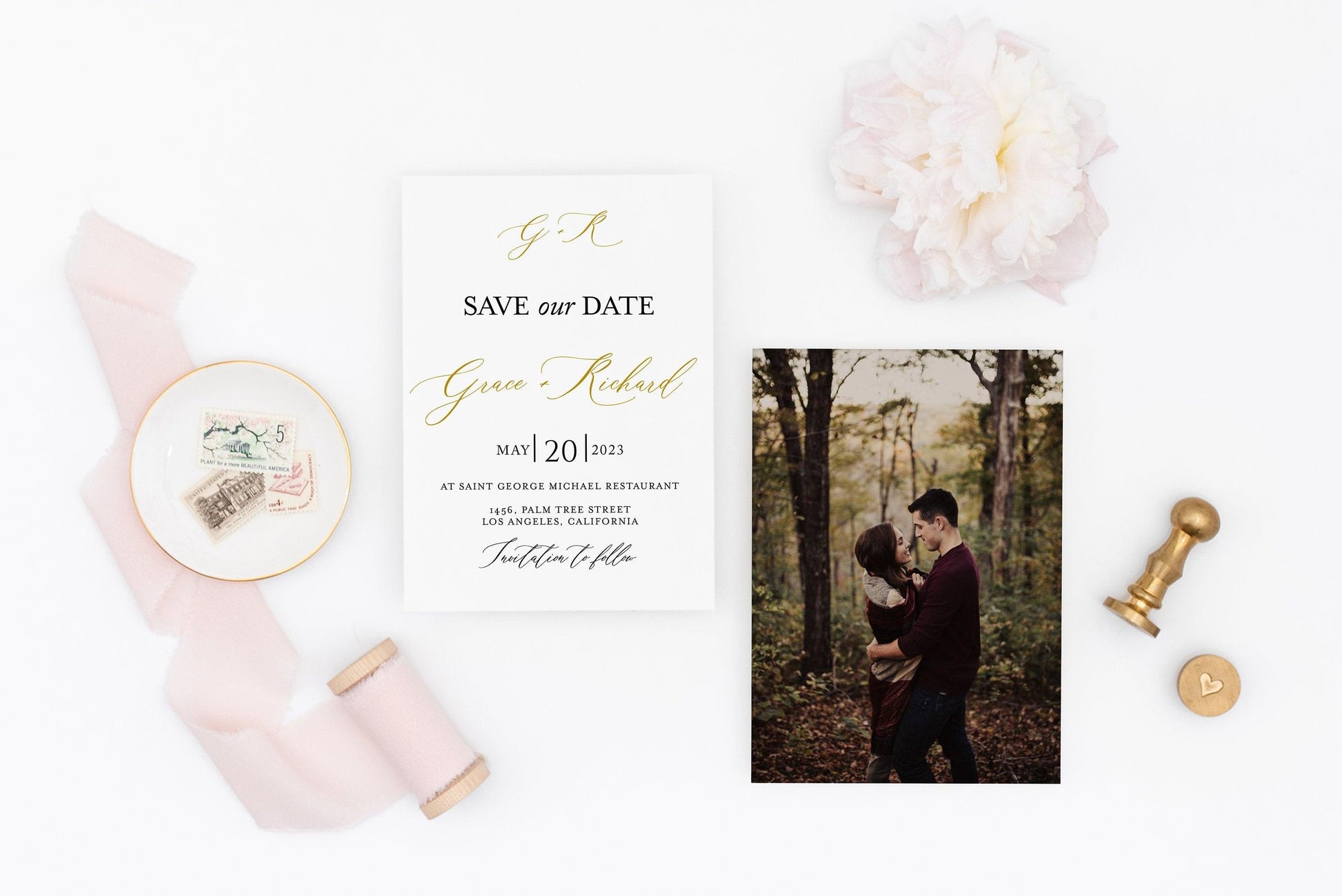 Printable Gold Wedding Save-the-Date Template with photo Engagement Invite 100% editable - Grace - SAVVY PAPER CO