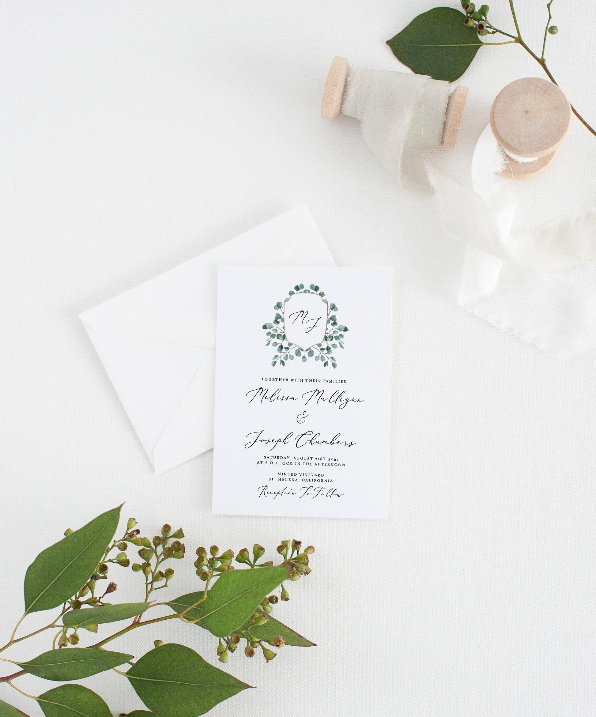 Printable Greenery Crest Wedding Invitation Template Instant Download Templett Editable - Aisha - SAVVY PAPER CO
