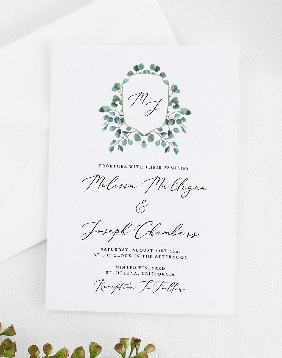 Printable Greenery Crest Wedding Invitation Template Instant Download Templett Editable - Aisha - SAVVY PAPER CO