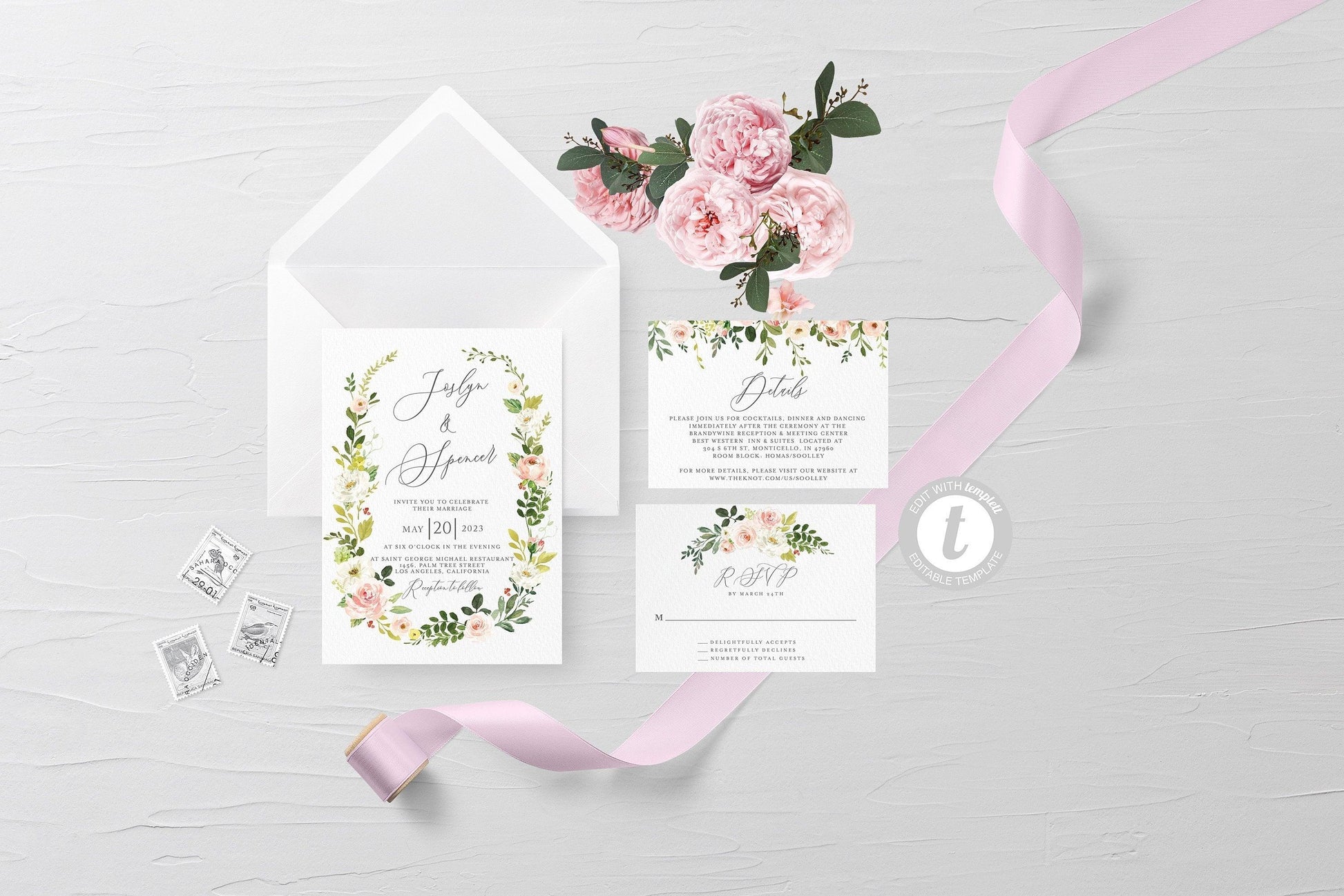 Printable Greenery Floral Wedding Invitation Set Editable Template, DIY Instant Download Invites, Invitation Suite 100% editable - JOSS - SAVVY PAPER CO
