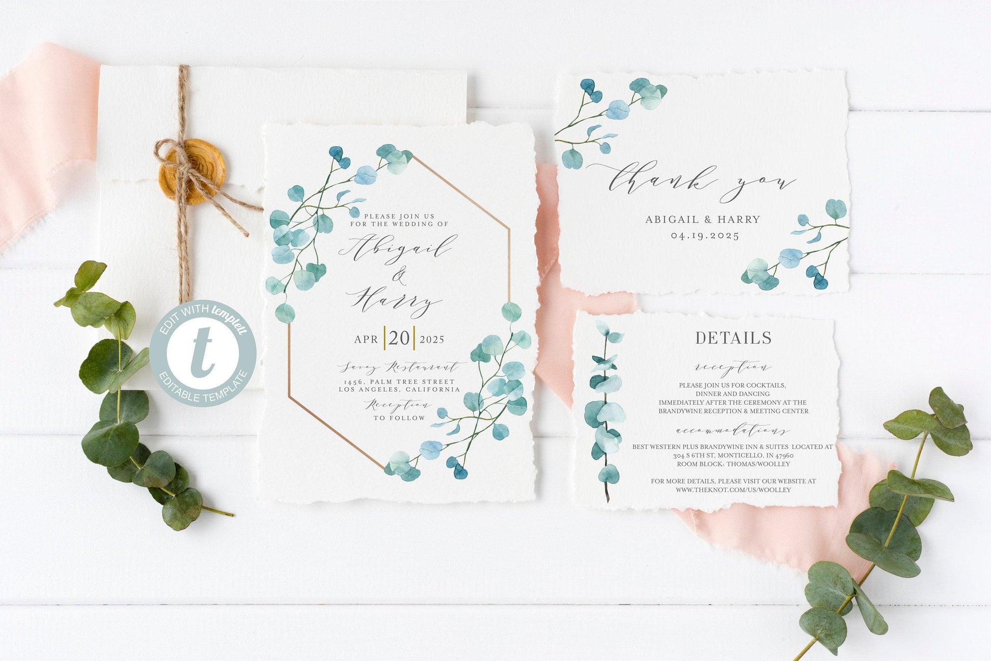 Printable Greenery Geometric Wedding Invitation Set Editable Template, DIY Instant Download Invites, Invitation Suite, 100 % editable - Abi - SAVVY PAPER CO